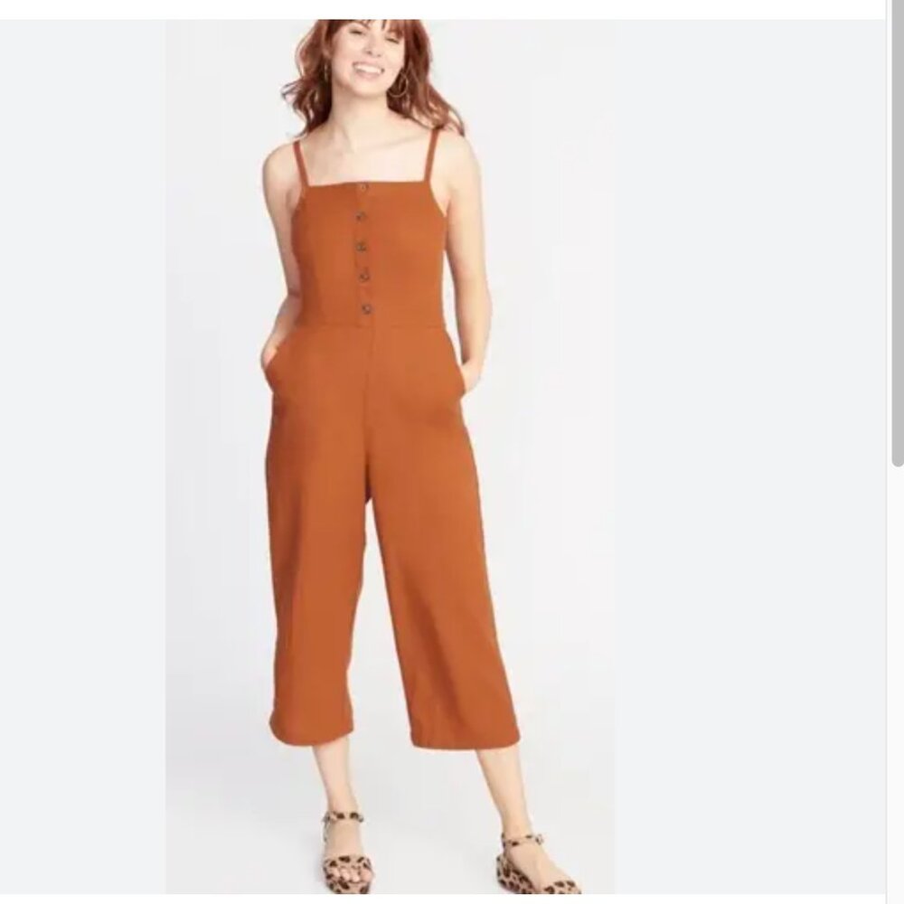 Button-Front Linen-Blend Cami Jumpsuit